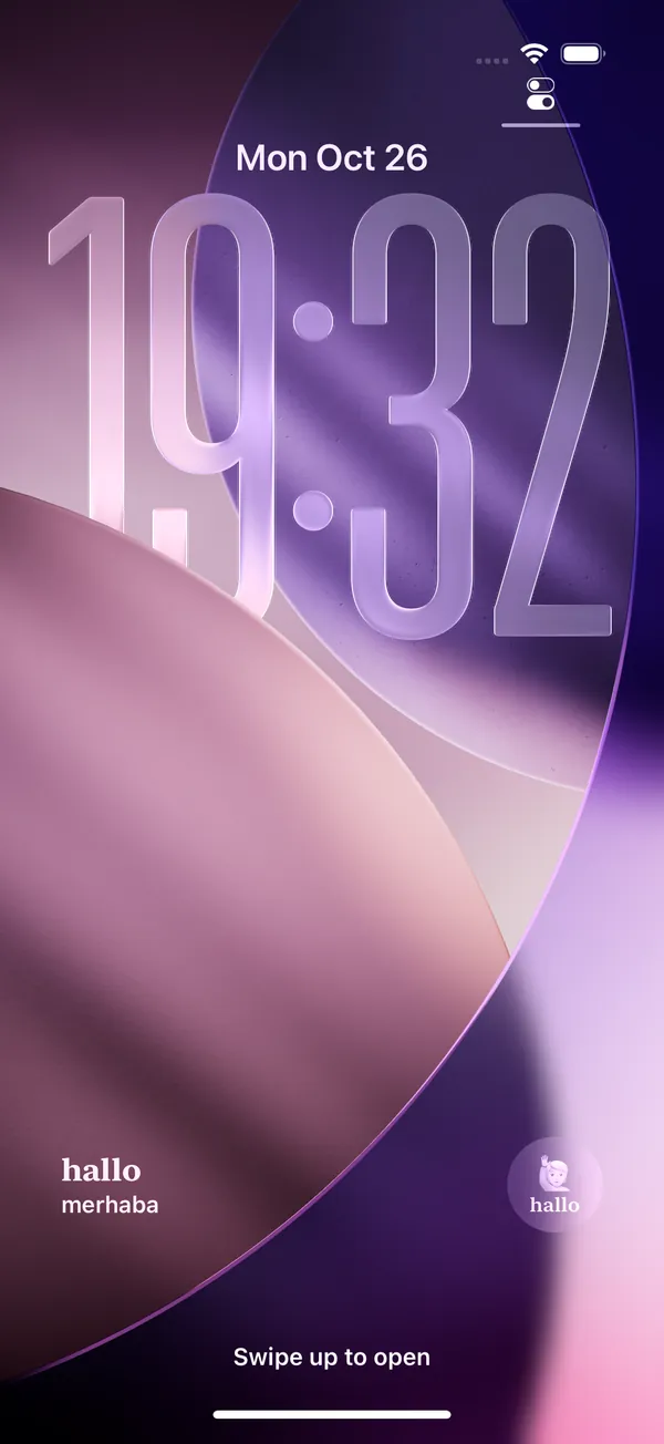 A real iPhone lock screen with a purple wallpaper. Under the clock, the Lockling widget shows the German word “hallo” with its Turkish meaning “merhaba”.